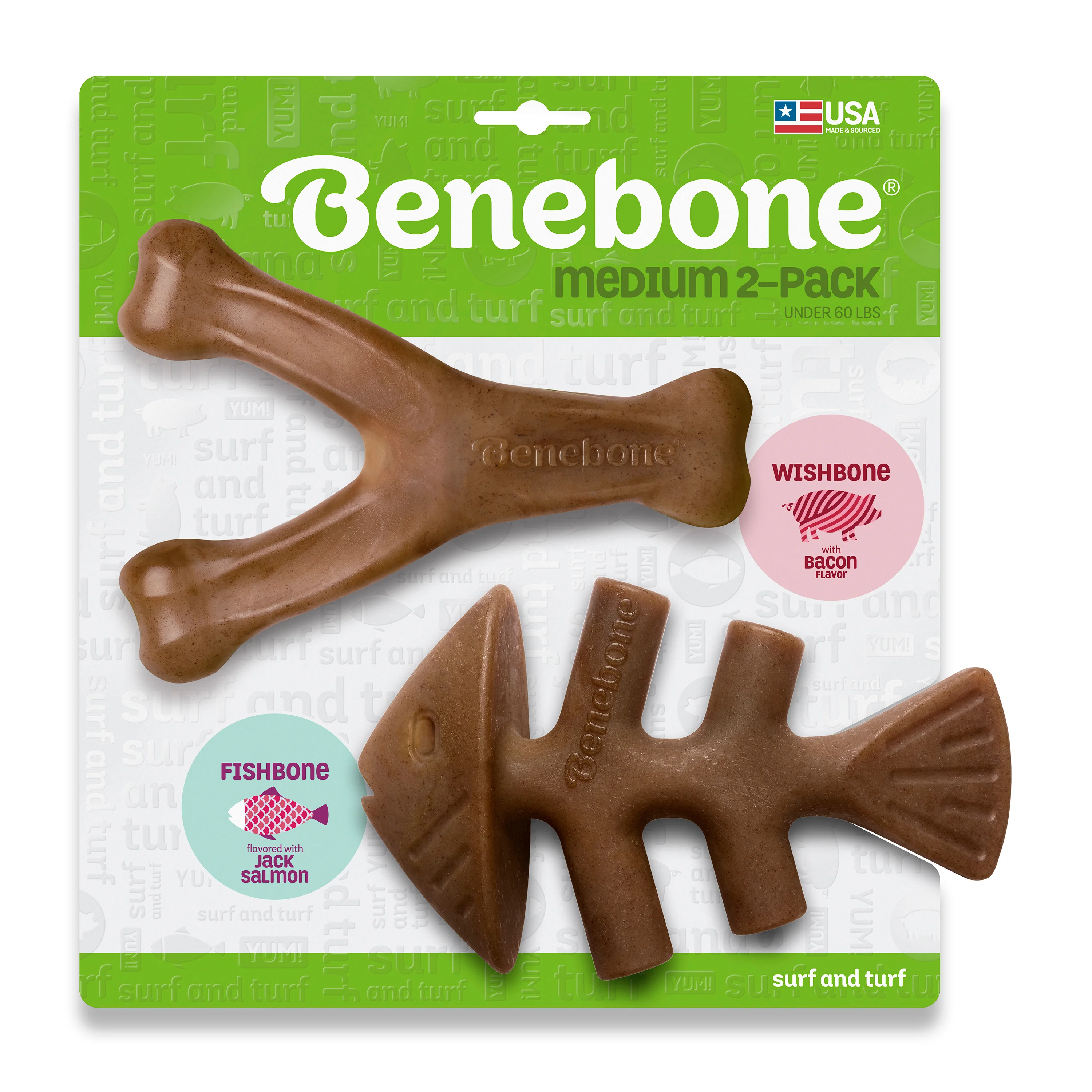 Benebone Fishbone & Wishbone Dog Chew Toy Bacon Medium|2 pk