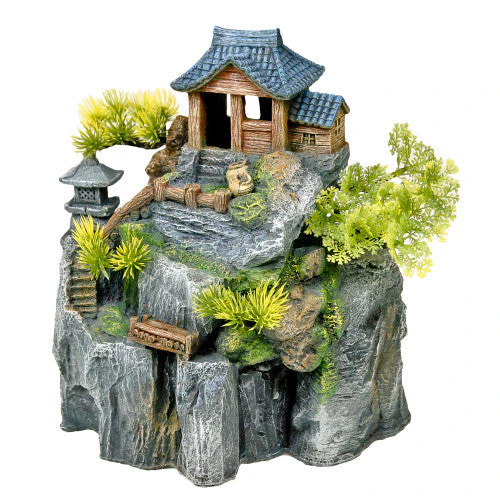 Blue Ribbon Exotic Environments Asian Cottage House Aquarium Ornament with Bonsai Grey, Green, Wood Grain 8.5 in - Image 2