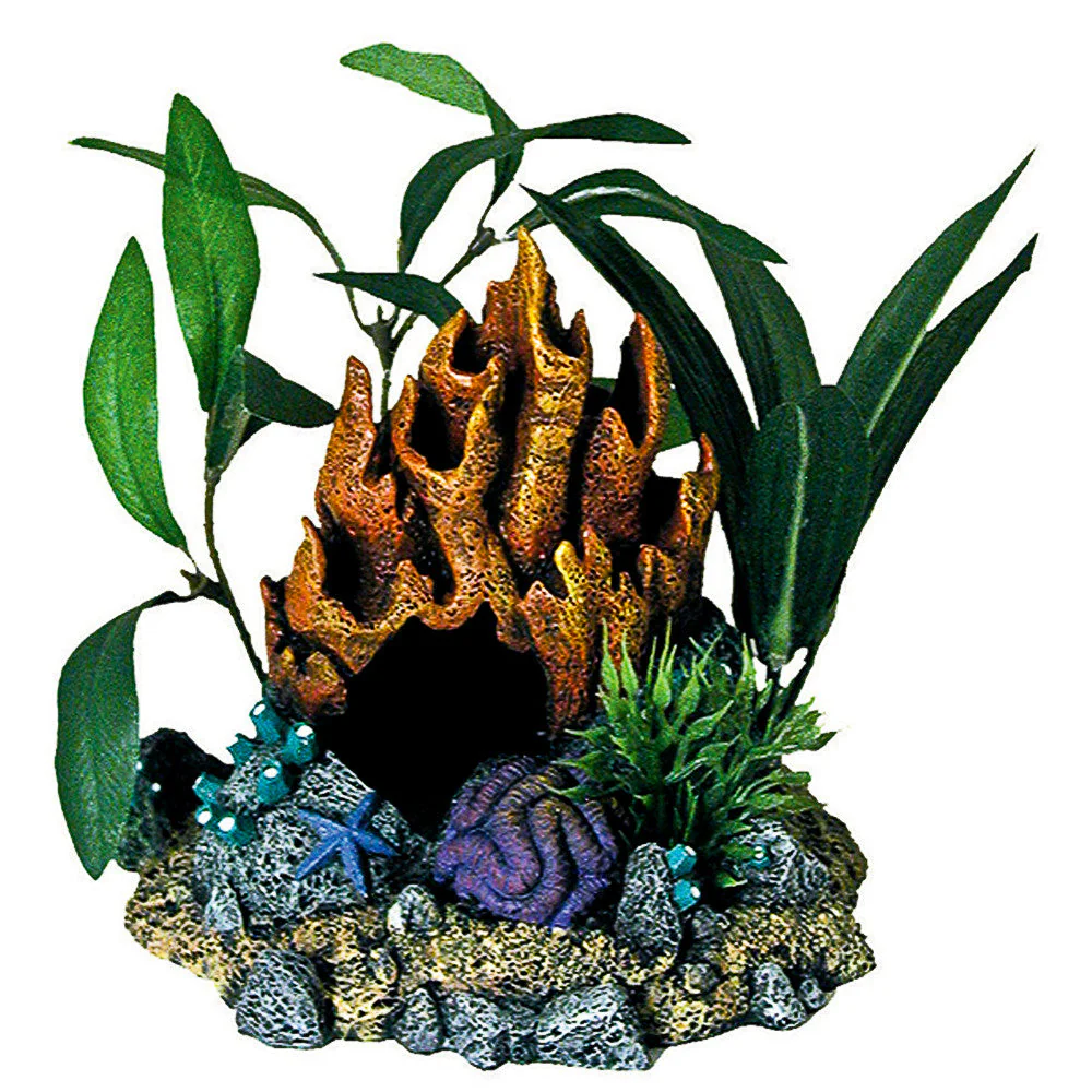 Blue Ribbon Exotic Environments Fire Coral Cave Aquarium Ornament with Plants Multi-Color 4.5 in
