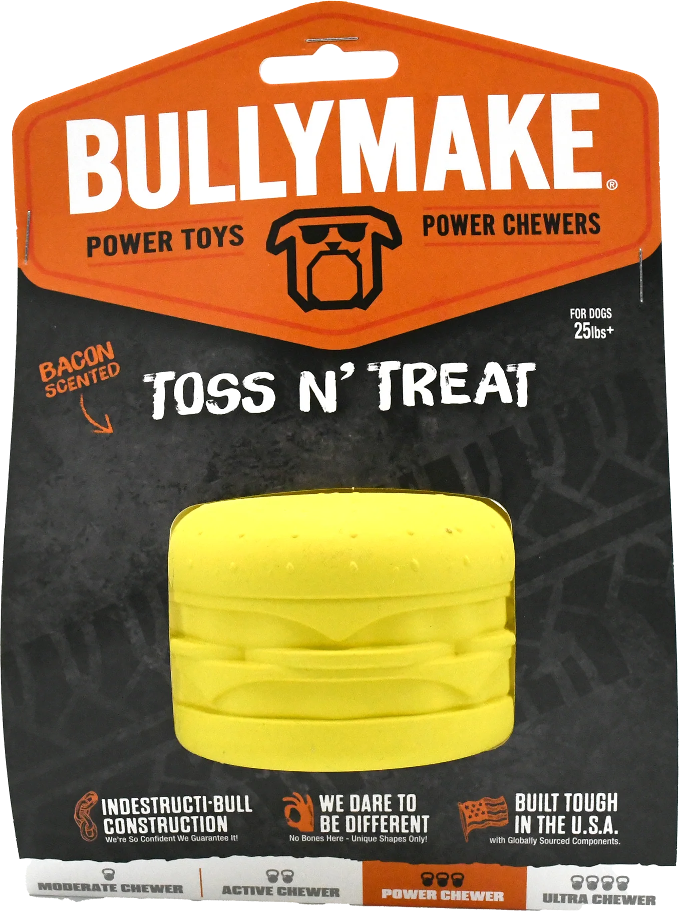 BullyMake Toss n' Treat Flavored Dog Chew Toy Cheeseburger Bacon