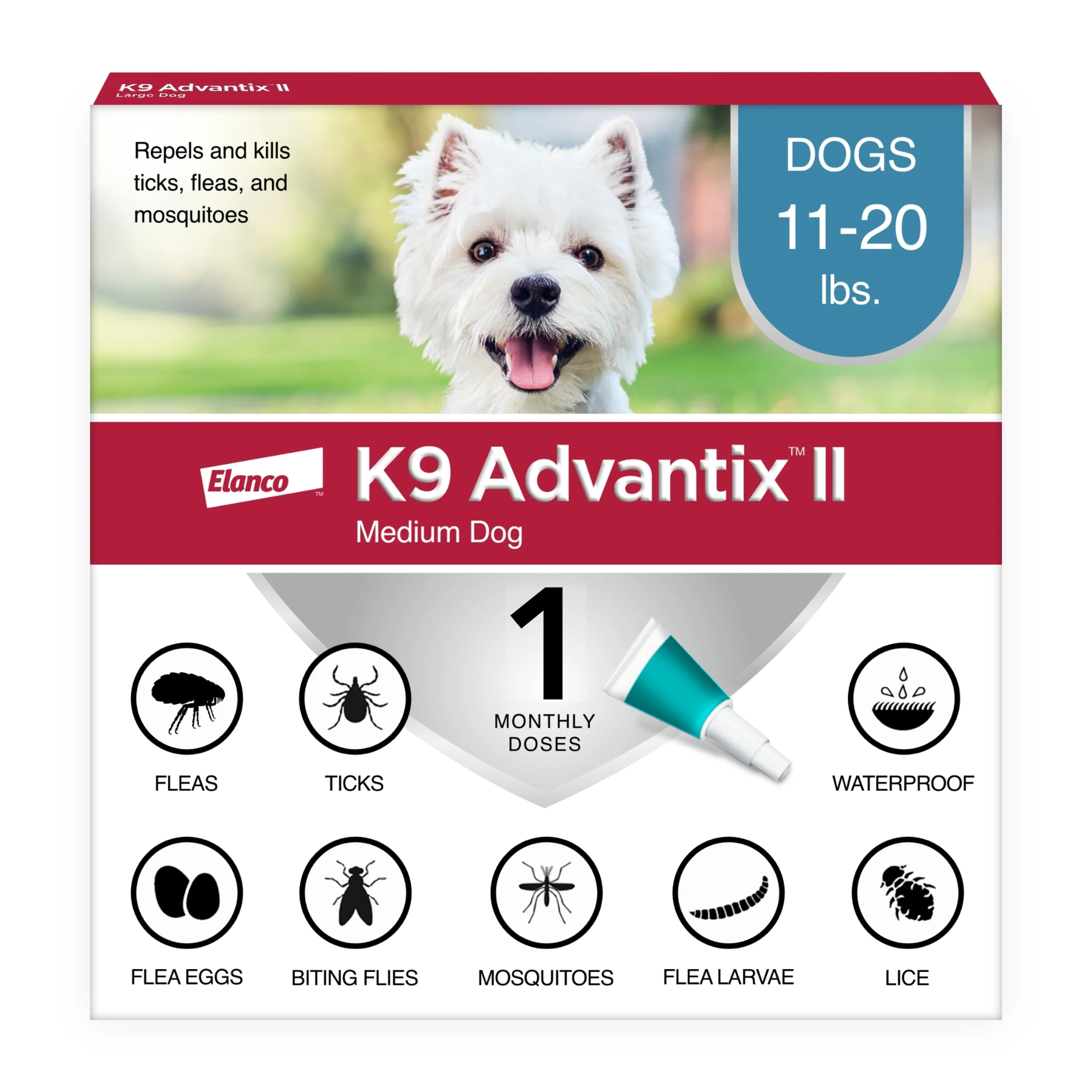 Elanco K9 Advantix II Topical Flea, Tick & Mosquito Treatment & Prevention for Dogs 1-Month Supply Medium Dogs (11-20 Lbs)
