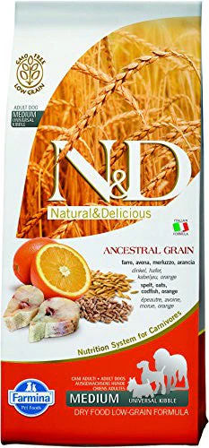 Farmina N&d Natural And Delicious Low Grain Medium Adult Codfish & Orange Dry Dog Food-26.4-lb-{L+x}