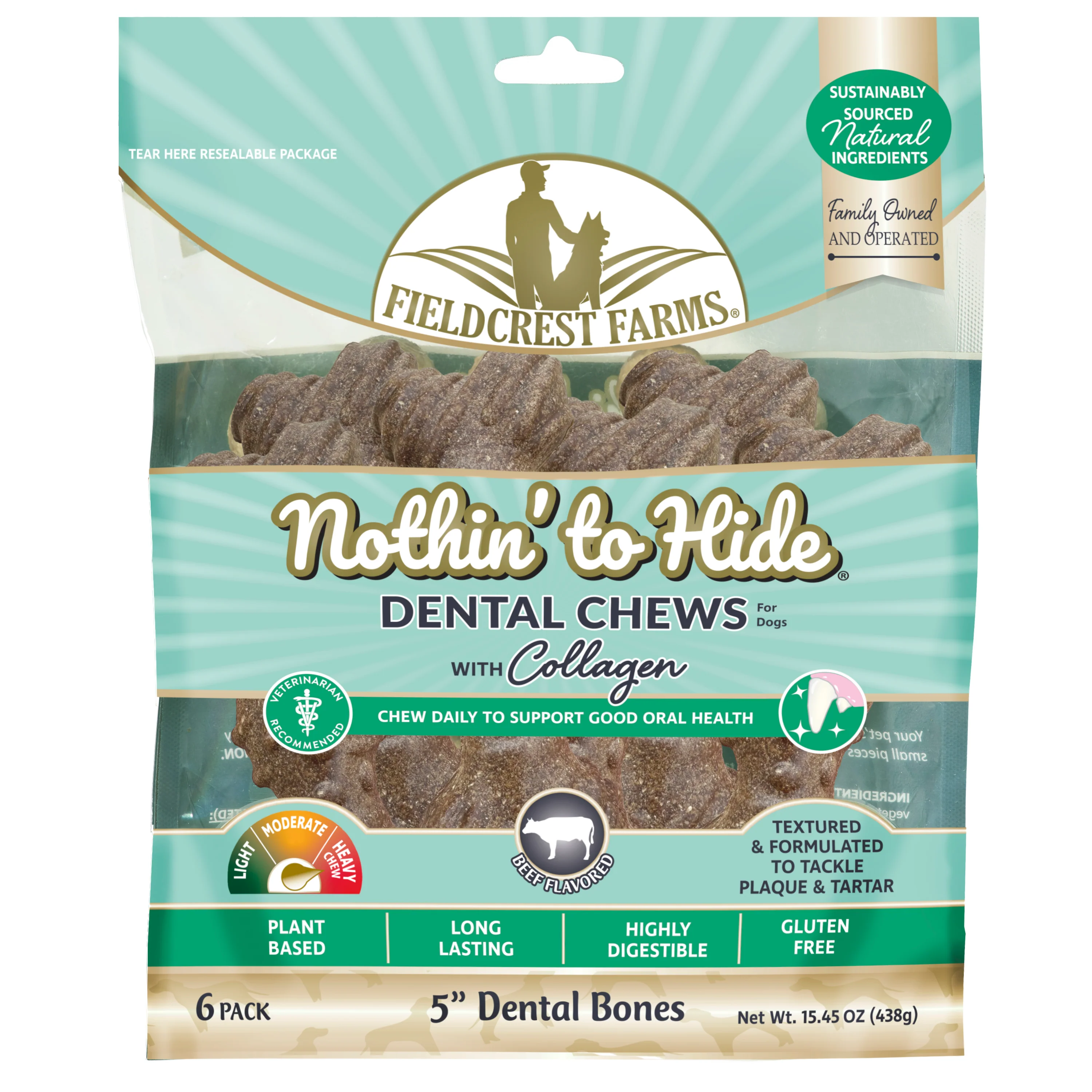 Fieldcrest Farms Nothin' to Hide Dental Bone Collagen Dog Chew Beef 5 in, 6 pk