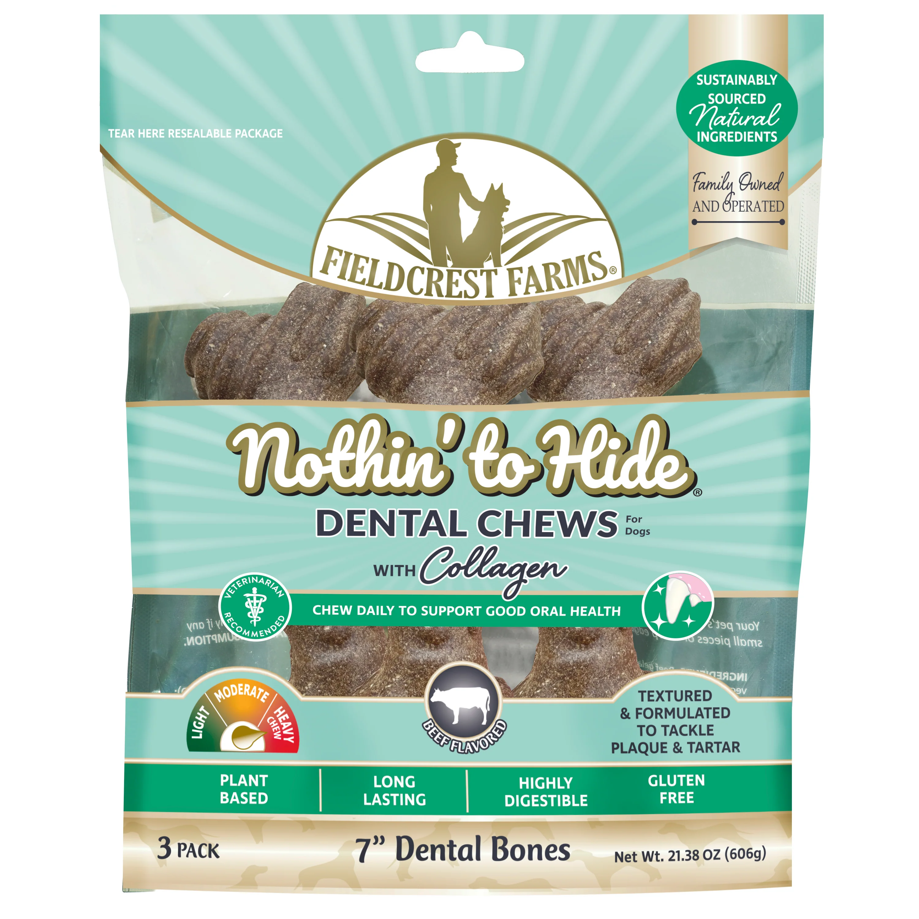 Fieldcrest Farms Nothin' to Hide Dental Bone Collagen Dog Chew Beef 7 in, 3 pk