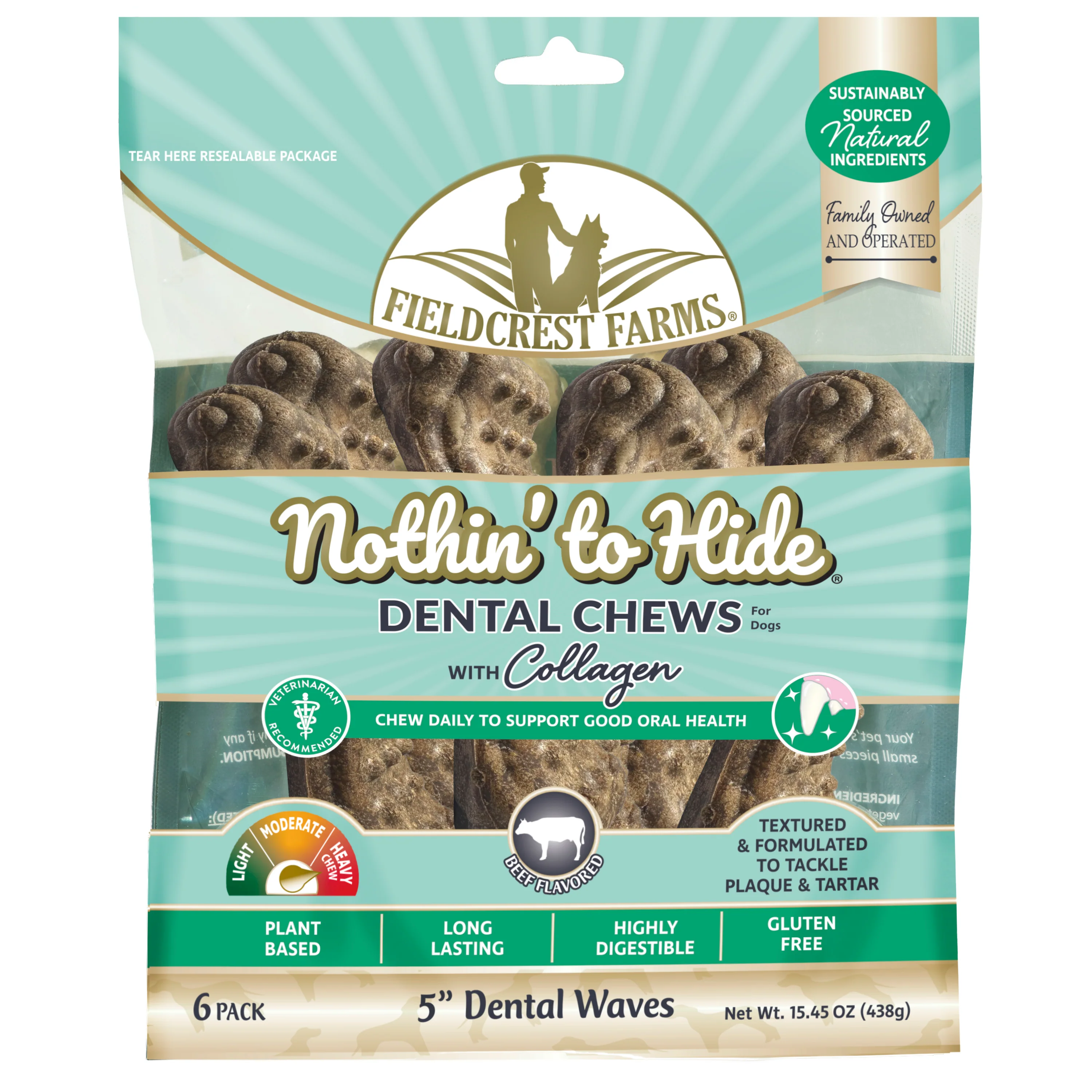 Fieldcrest Farms Nothin' to Hide Dental Wave Collagen Dog Chew Beef 5 in, 6 pk