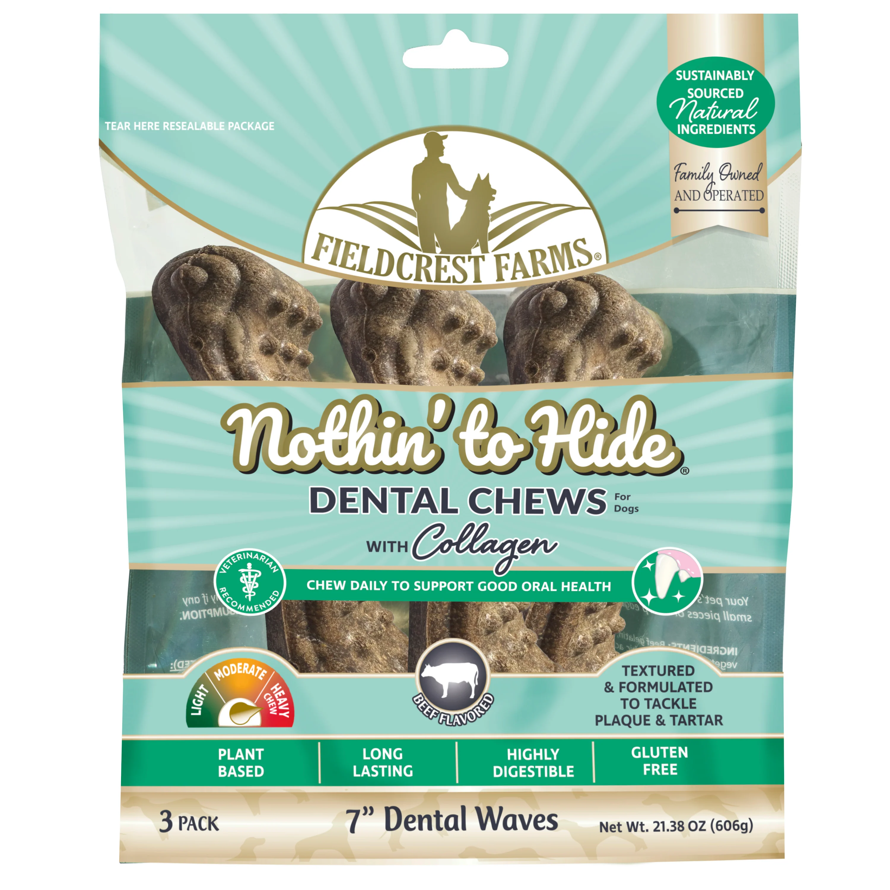 Fieldcrest Farms Nothin' to Hide Dental Wave Collagen Dog Chew Beef 7 in, 3 pk