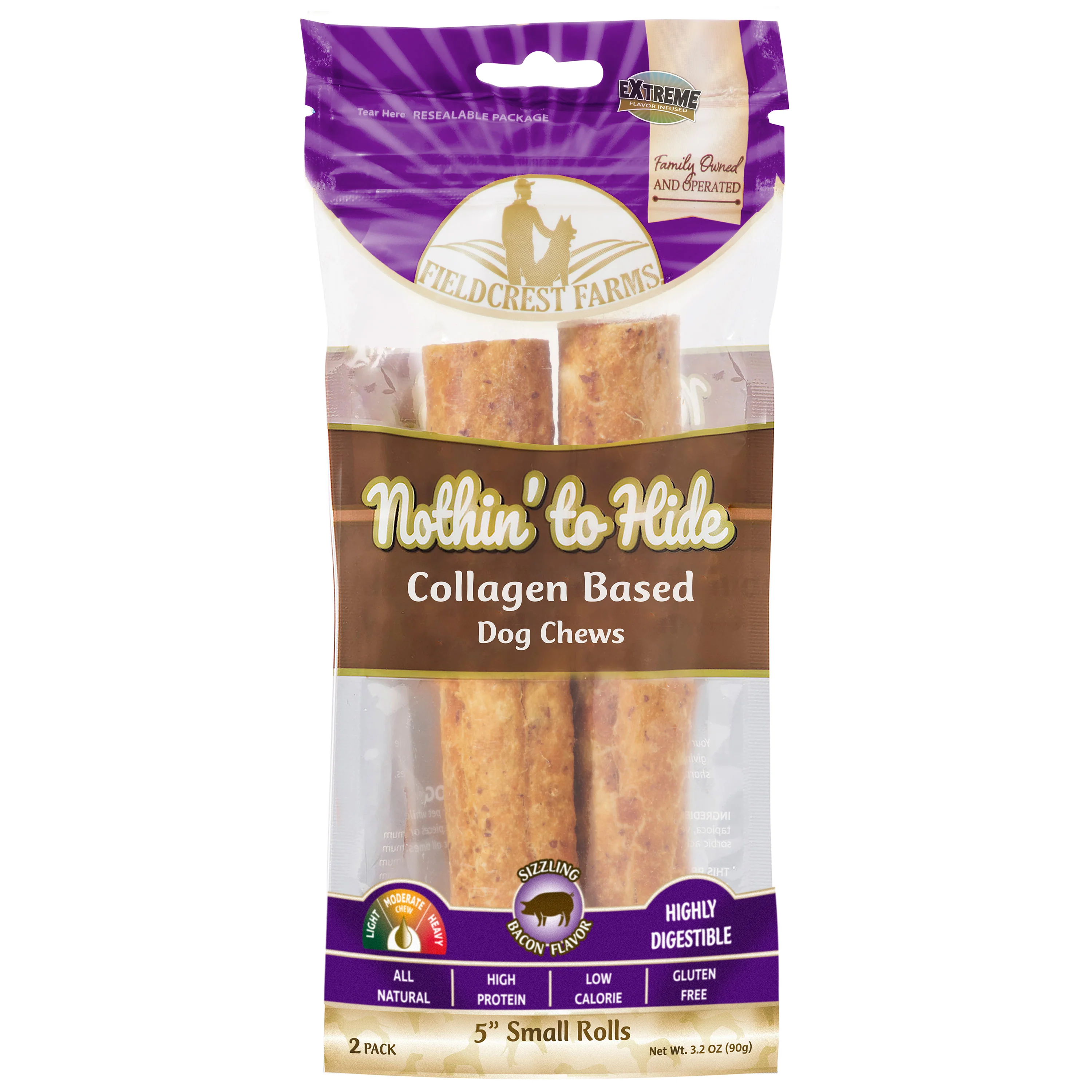 Fieldcrest Farms Nothin' To Hide Roll Collagen Based Dog Chew Bacon Small5 in, 2 pk