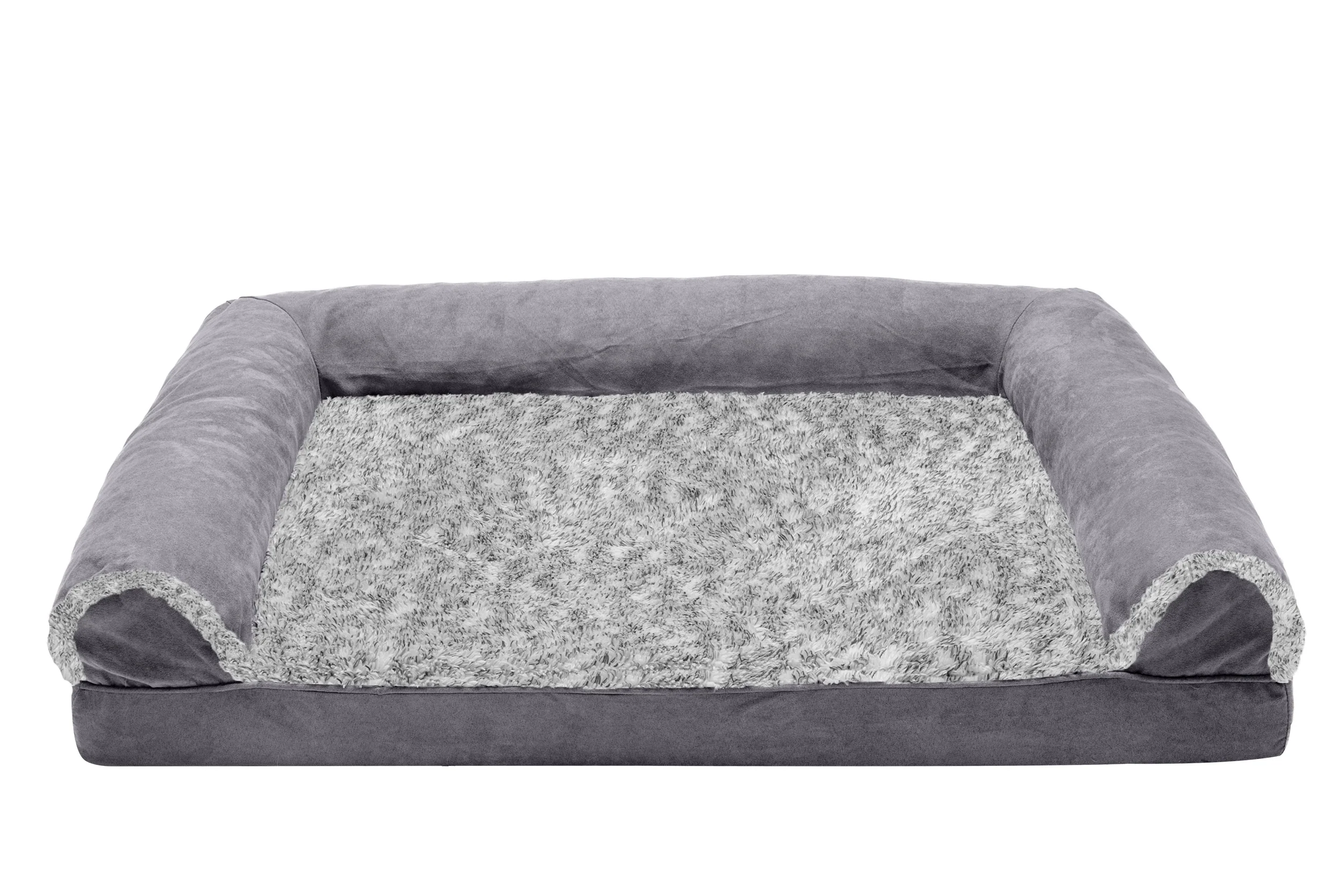 Fur Haven Pet Products Two-Tone Faux Fur & Suede Sofa Orthopedic Pet Bed Stone Gray Large