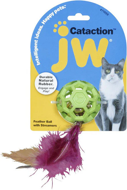 JW Pet Cataction Feather Ball with Bell Cat Toy Green One Size - Image 2
