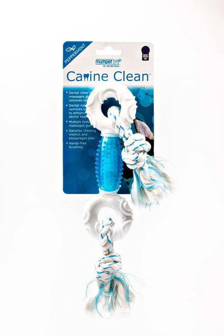 Multipet Canine Clean Peppermint Dumbbell With TPR Core & Rope Ends Dog Toy Blue, White 11 in - Image 2