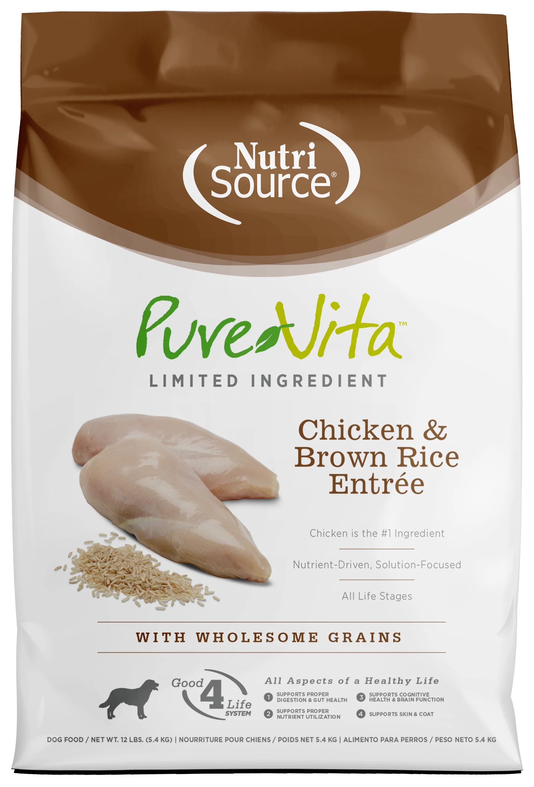 NutriSource PureVita LID Dry Dog Food Chicken & Brown Rice Entrée 12 lb