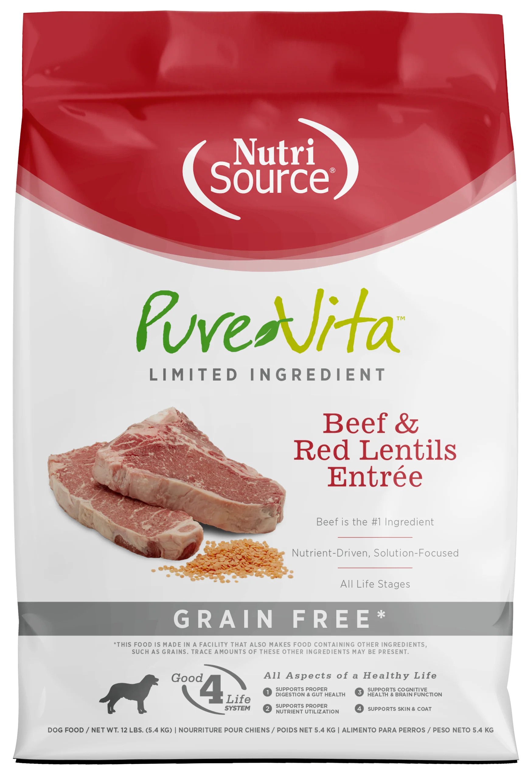 NutriSource PureVita LID Grain Free Dry Dog Food Beef & Red Lentils Entrée 12 lb