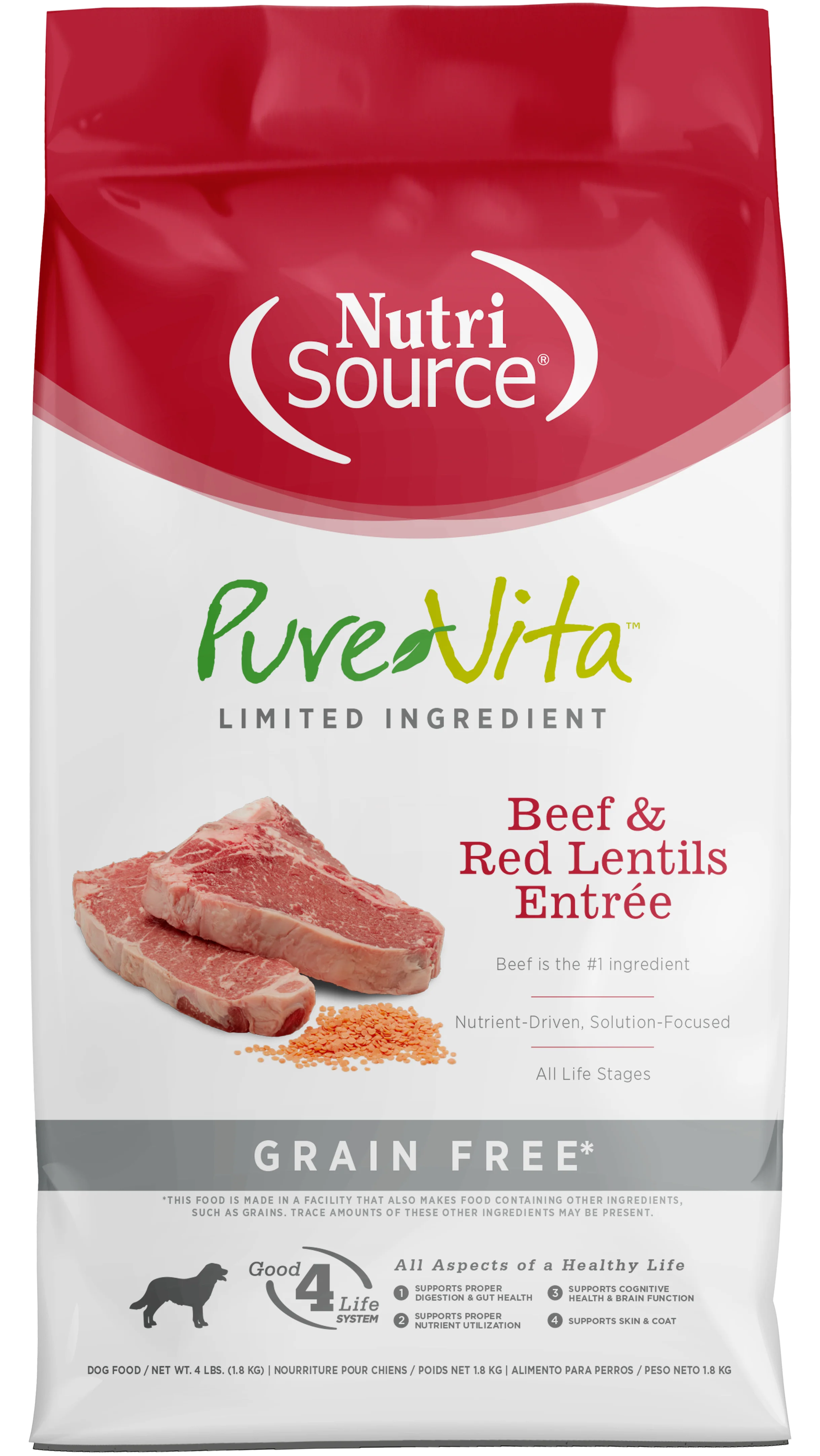 NutriSource PureVita LID Grain Free Dry Dog Food Beef & Red Lentils Entrée 4 lb