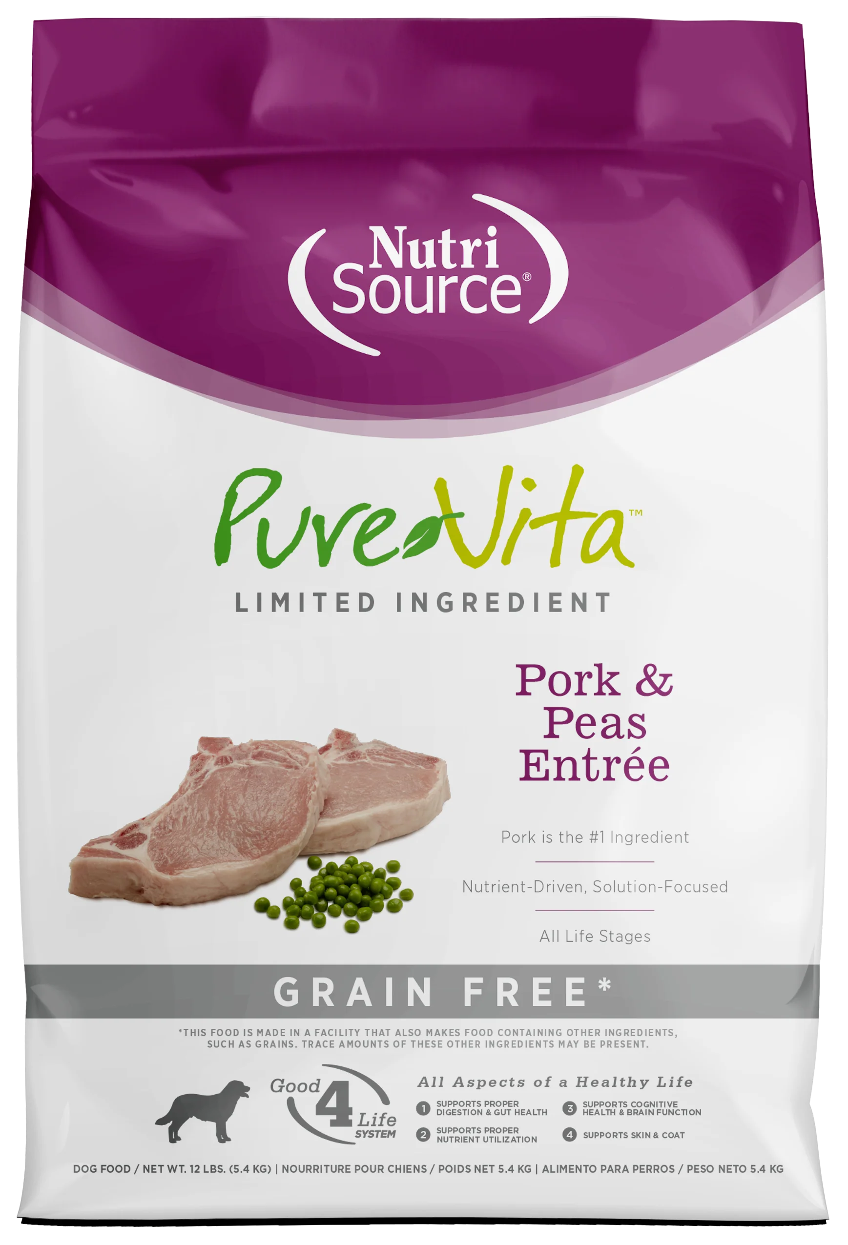 NutriSource PureVita LID Grain Free Dry Dog Food Pork & Peas Entrée 12 lb