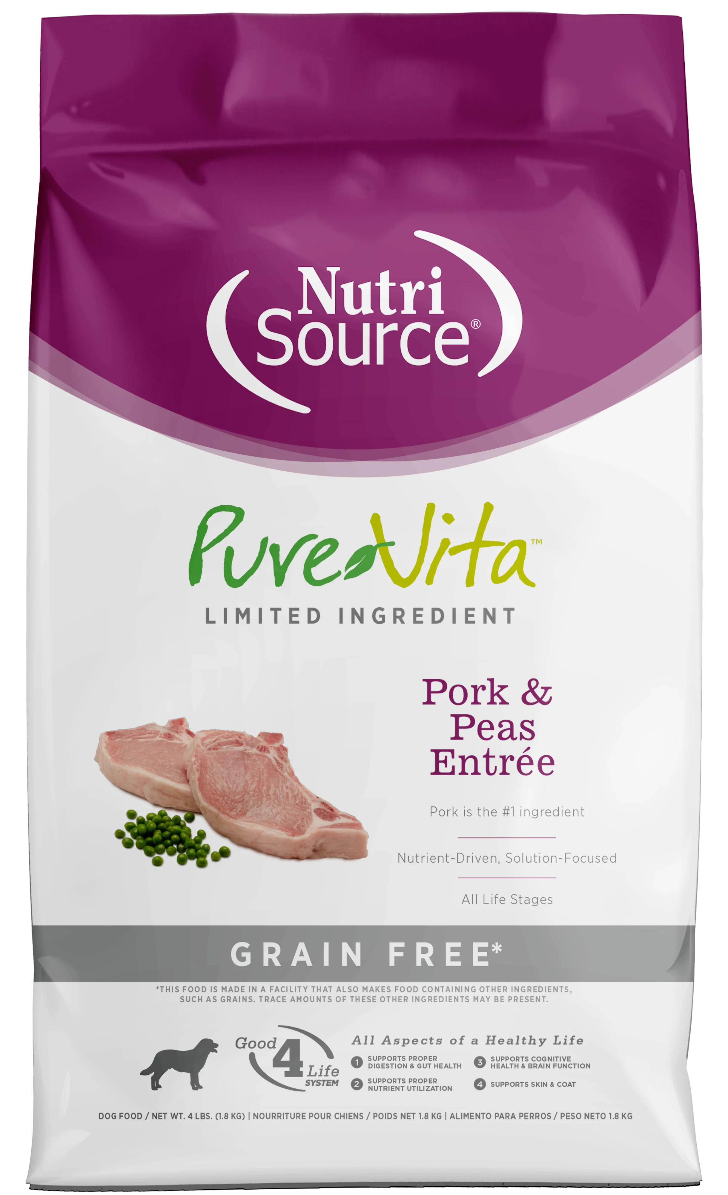 NutriSource PureVita LID Grain Free Dry Dog Food Pork & Peas Entrée 4 lb