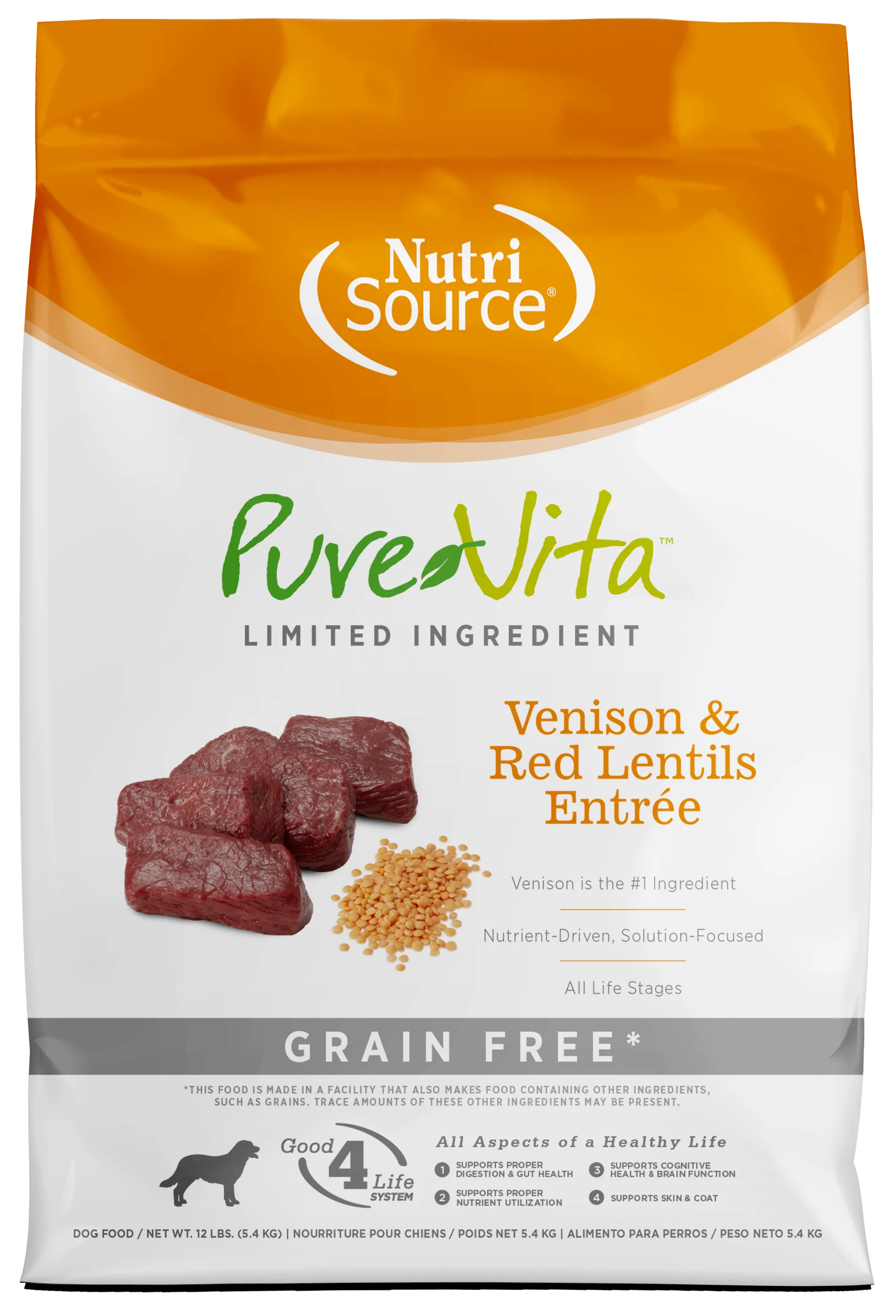 NutriSource PureVita LID Grain Free Dry Dog Food Venison & Red Lentils Entrée 12 lb