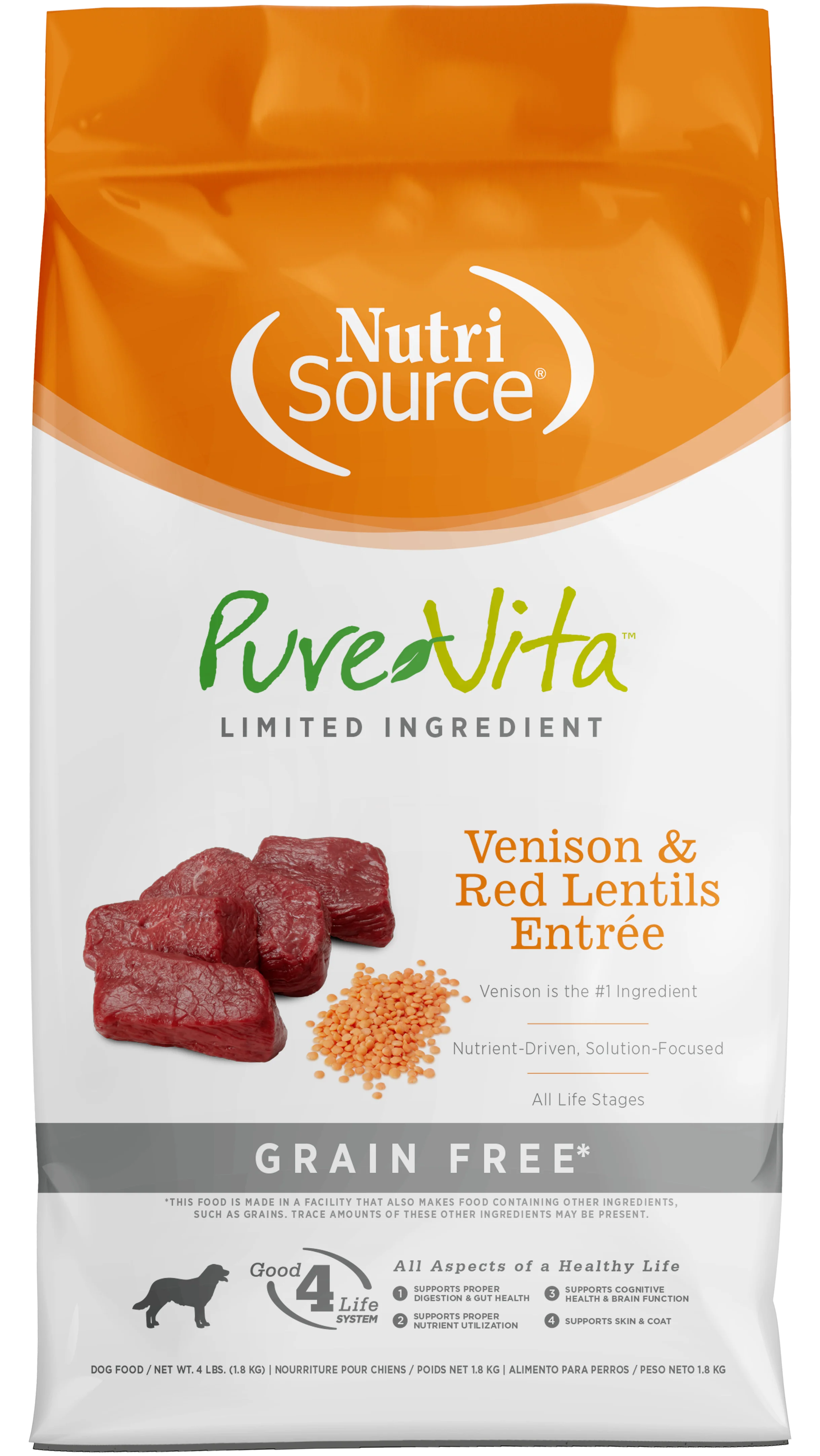 NutriSource PureVita LID Grain Free Dry Dog Food Venison & Red Lentils Entrée 4 lb