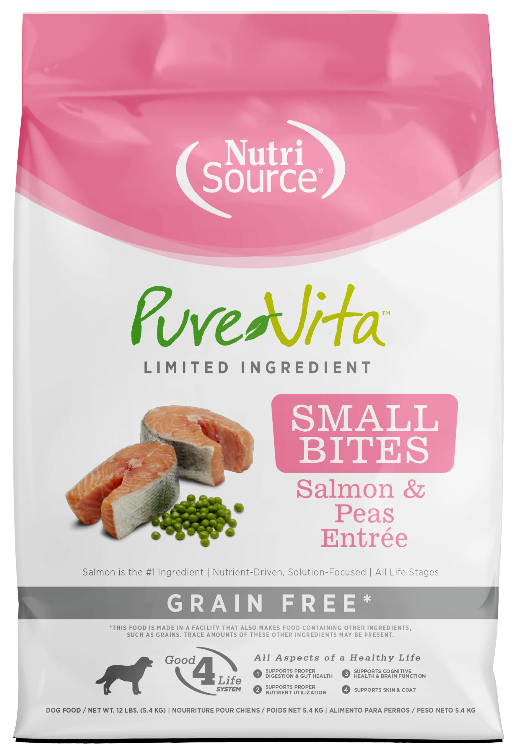 NutriSource PureVita LID Grain Free Small Bites Dry Dog Food Salmon & Peas 12 lb
