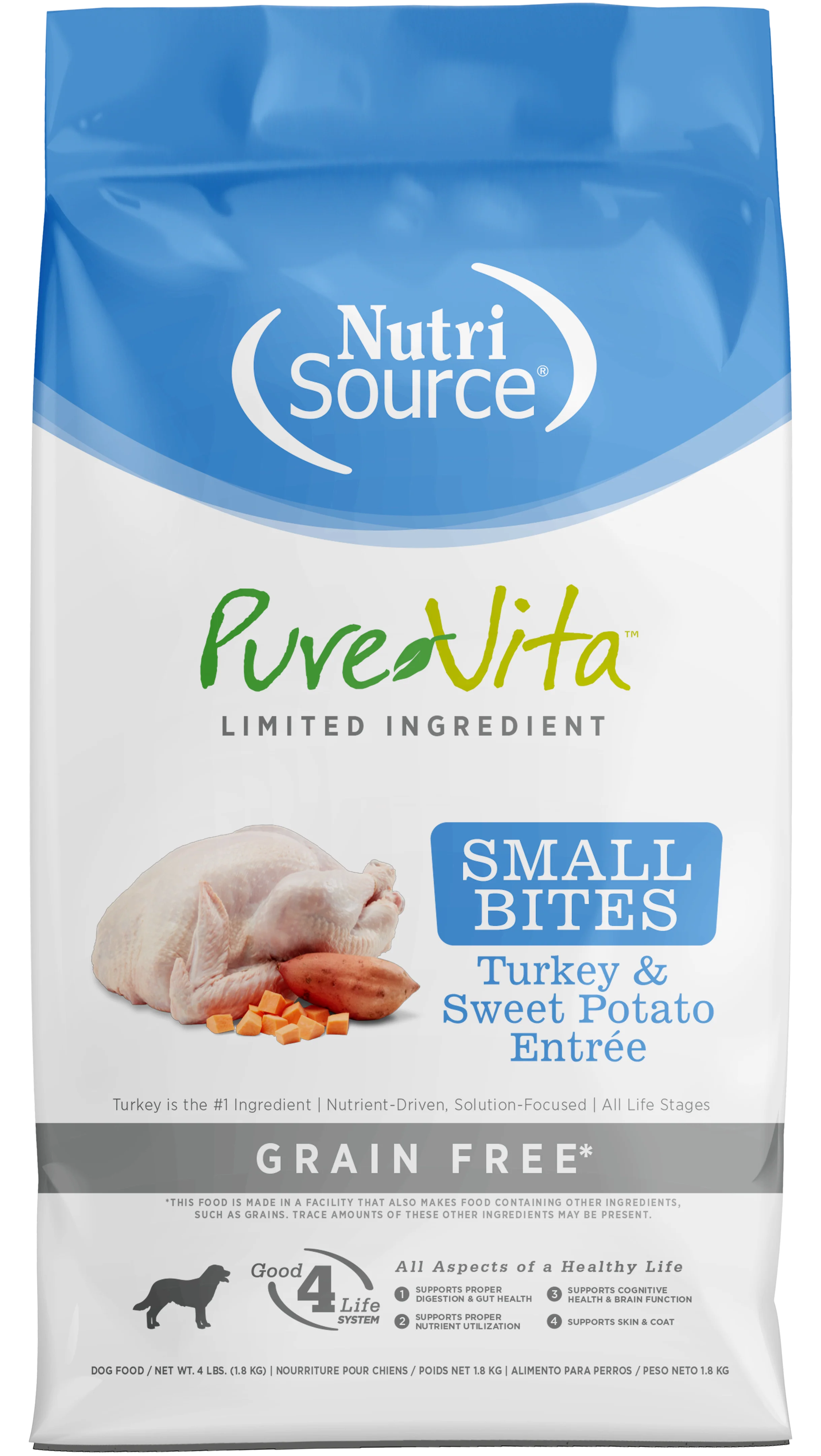 NutriSource PureVita LID Grain Free Small Bites Dry Dog Food Turkey & Sweet Potato 4 lb