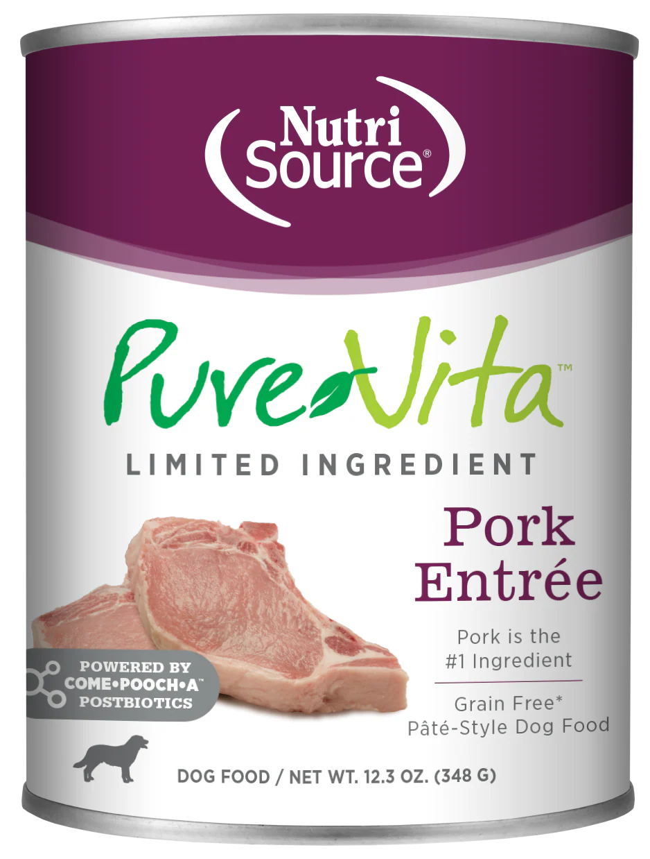 NutriSource PureVita LID Pate Grain Free Wet Dog Food Pork Entrée 12ea/12.3 oz
