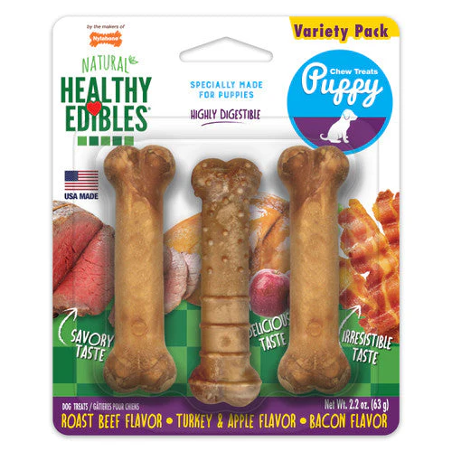 Nylabone Healthy Edibles Puppy Natural Long Lasting Dog Chew Treats Roast Beef, Turkey & Apple, & Bacon X-Small/Petite (3 Count) - Image 2