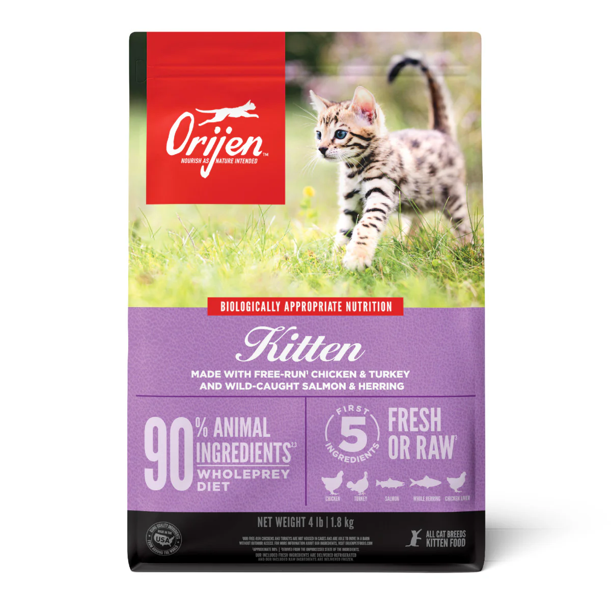 Orijen Grain Free Fresh & Raw Dry Kitten Food Chicken, Turkey, Salmon & Herring 4 lb