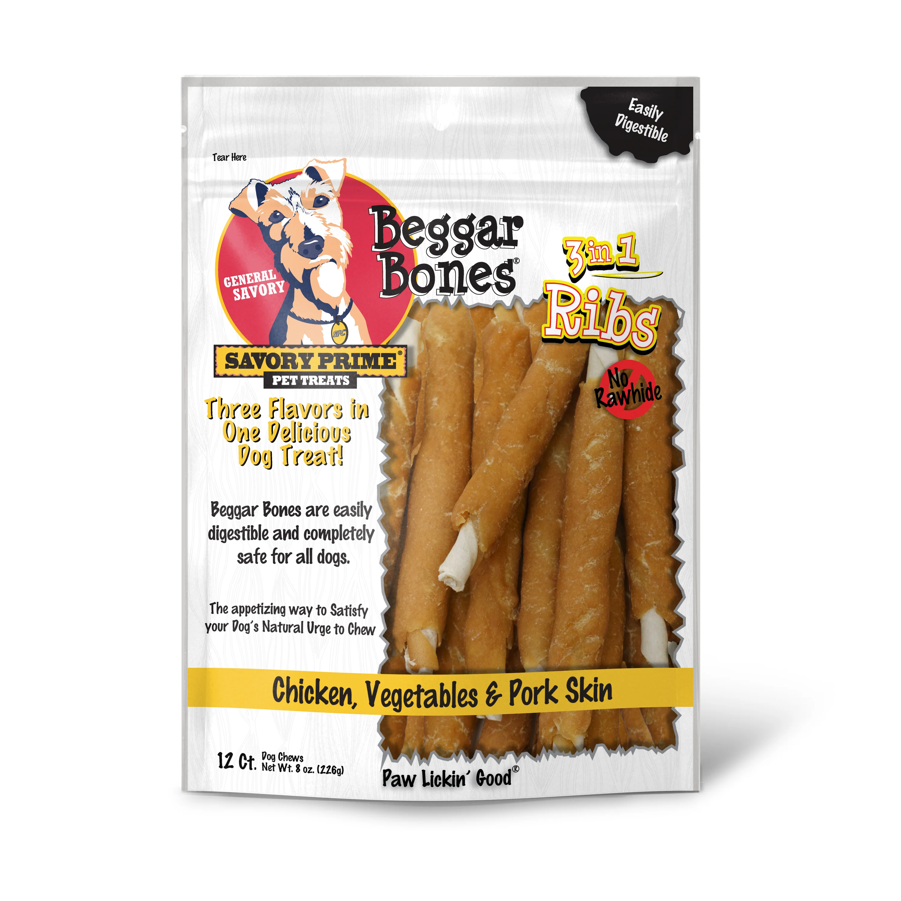 Savory Prime Beggar Bone 3in1 Ribs Dog Treat Chicken, Vegetable & Pork 12 ct