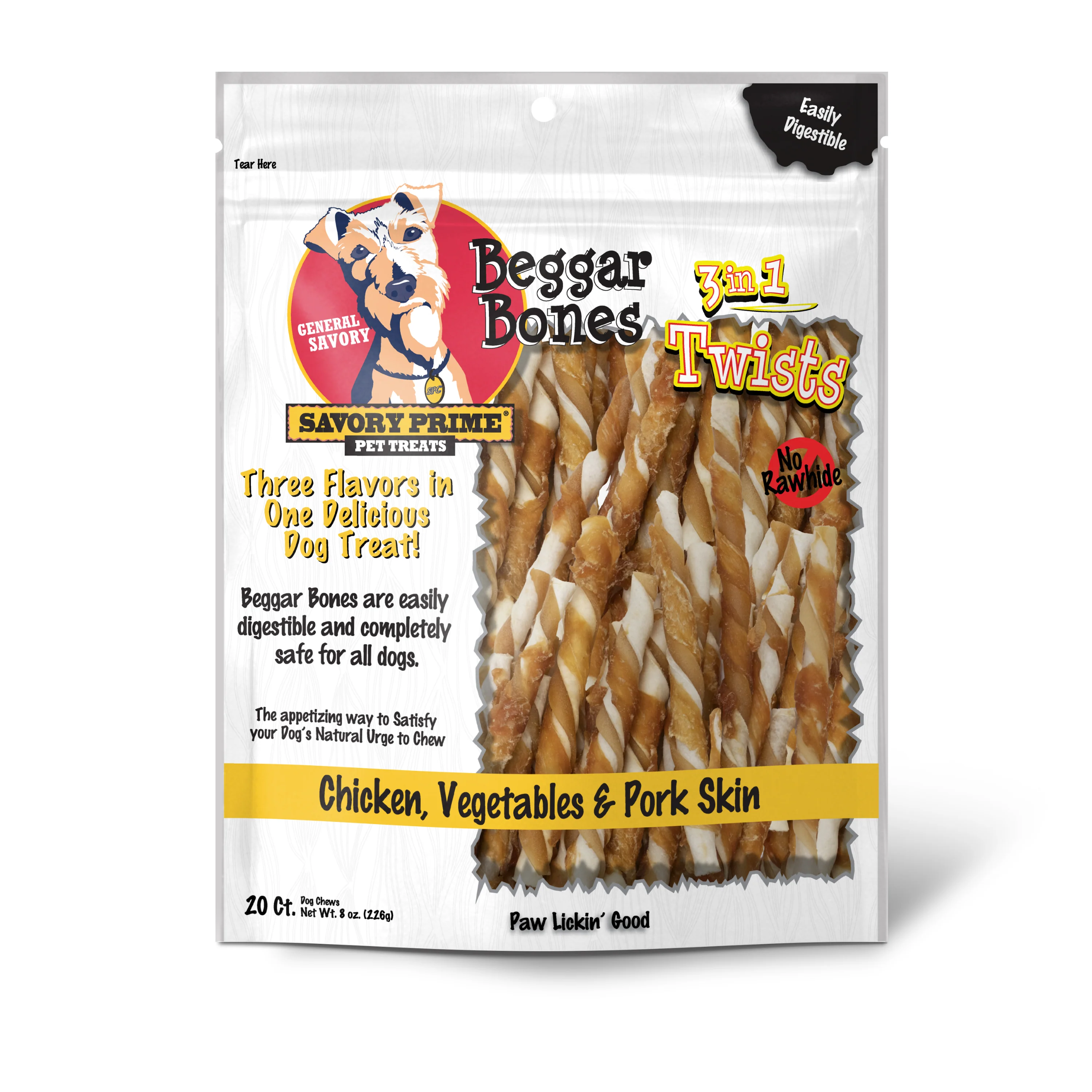 Savory Prime Beggar Bone 3in1 Twists Dog Treat Chicken, Vegetable & Pork 20 ct