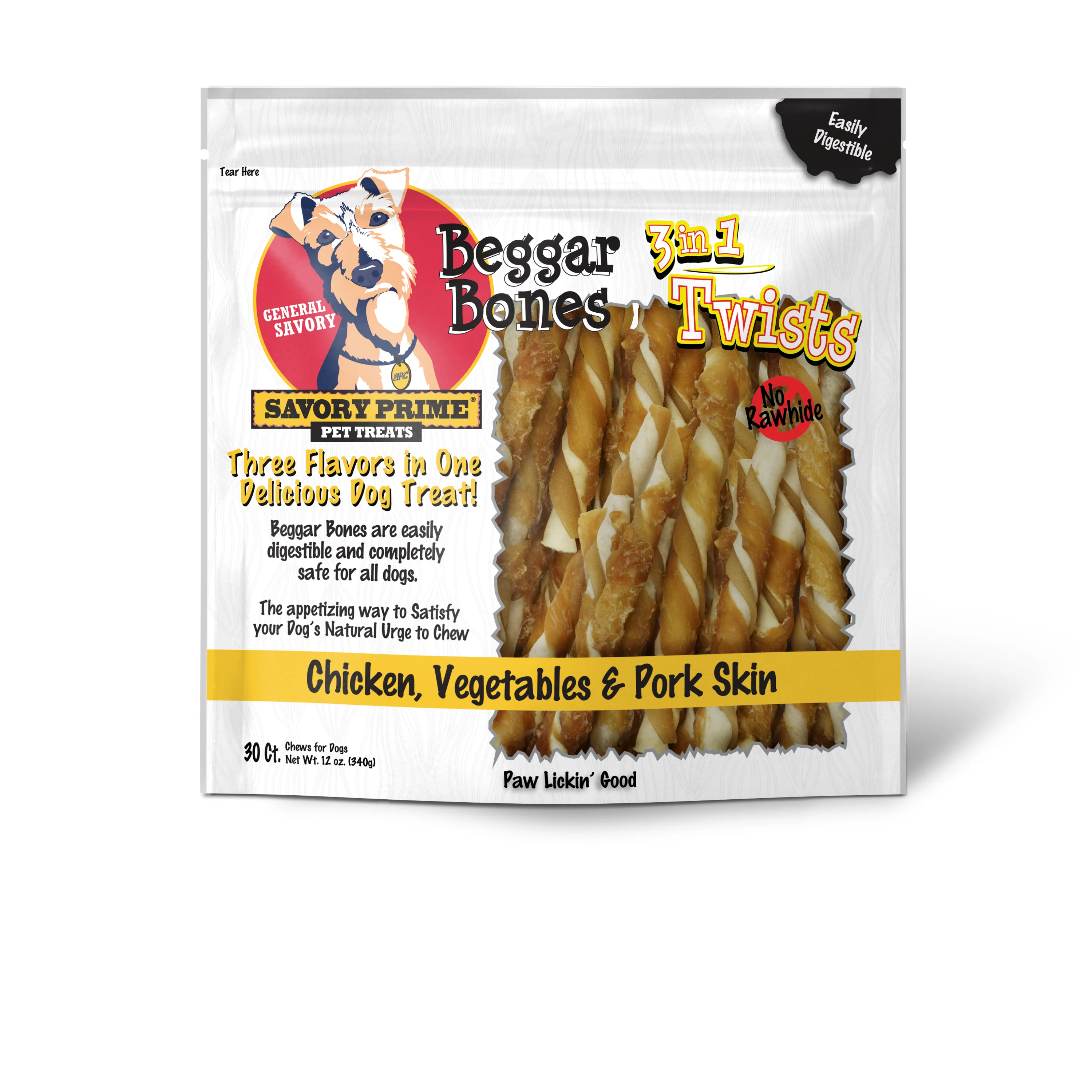 Savory Prime Beggar Bone 3in1 Twists Dog Treat Chicken, Vegetable & Pork 30 ct