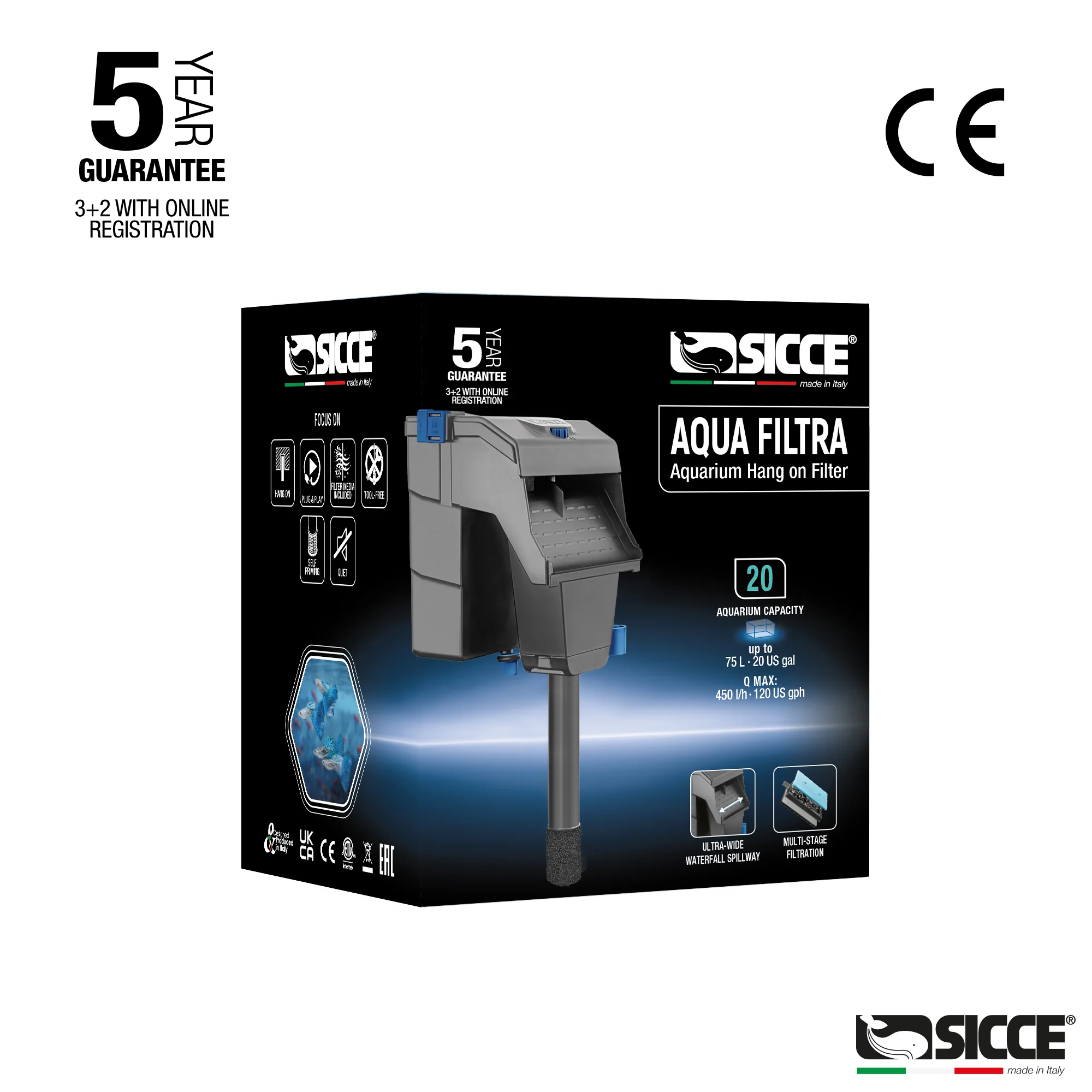 Sicce Aqua Filtra Aquarium Hang on Filter 20 gal