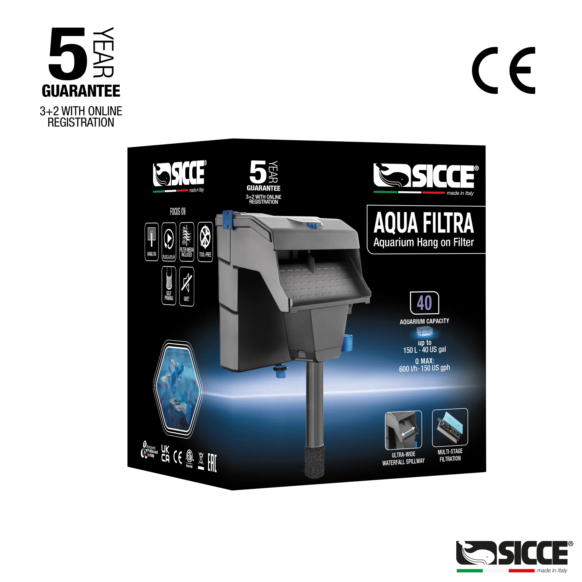 Sicce Aqua Filtra Aquarium Hang on Filter 40 gal