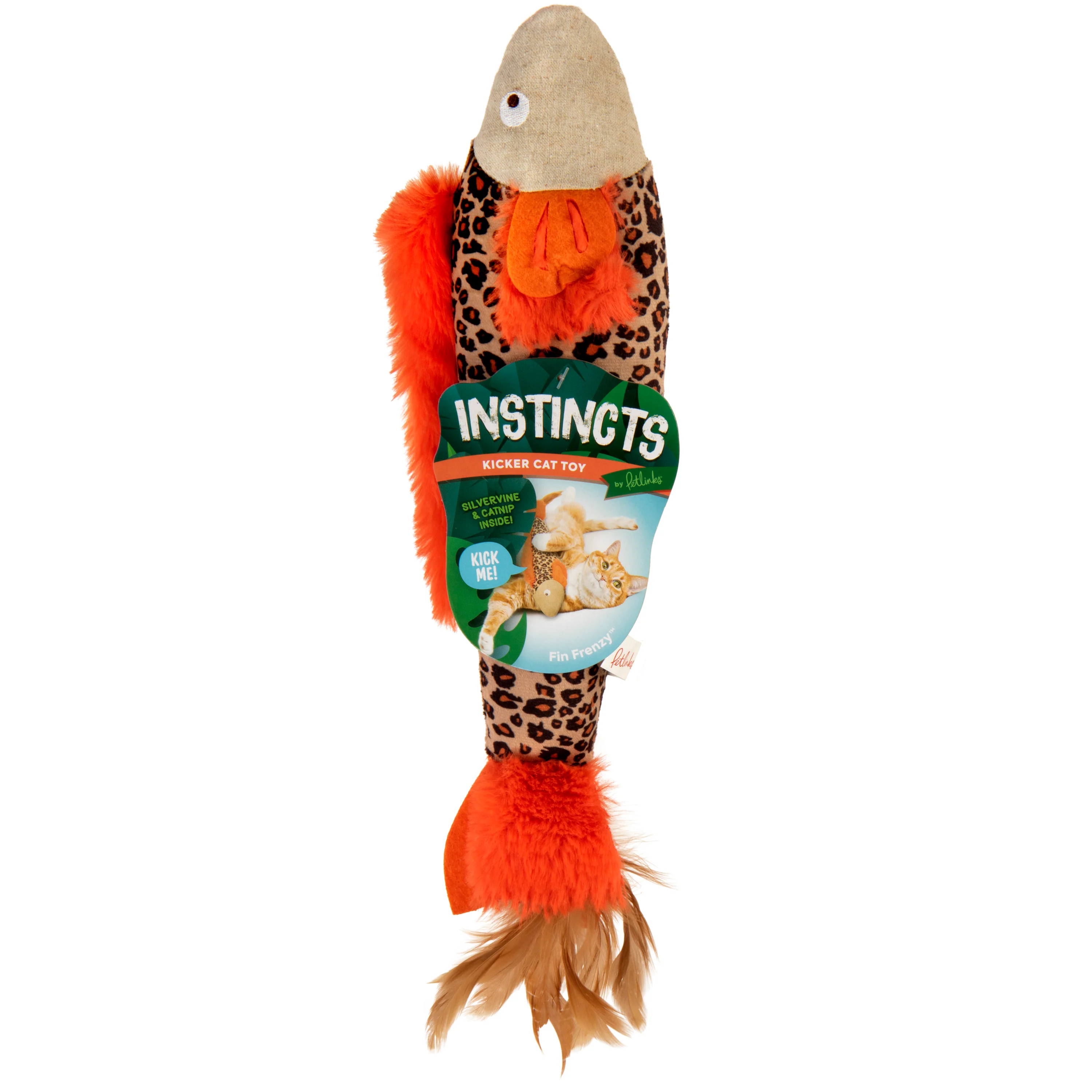SmartyKat Fin Frenzy HappyNip Silvervine & Catnip Crinkle Plush Kicker Cat Toy Catnip Crinkle Plush Kicker Orange, Tan & Black
