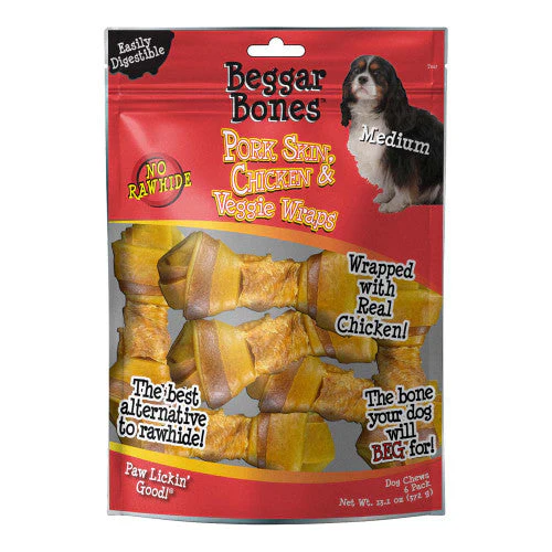 Savory Prime Beggar Bones Pork Skin, Chicken & Veggie Wraps Dog Treats MD 6 pk - Image 2