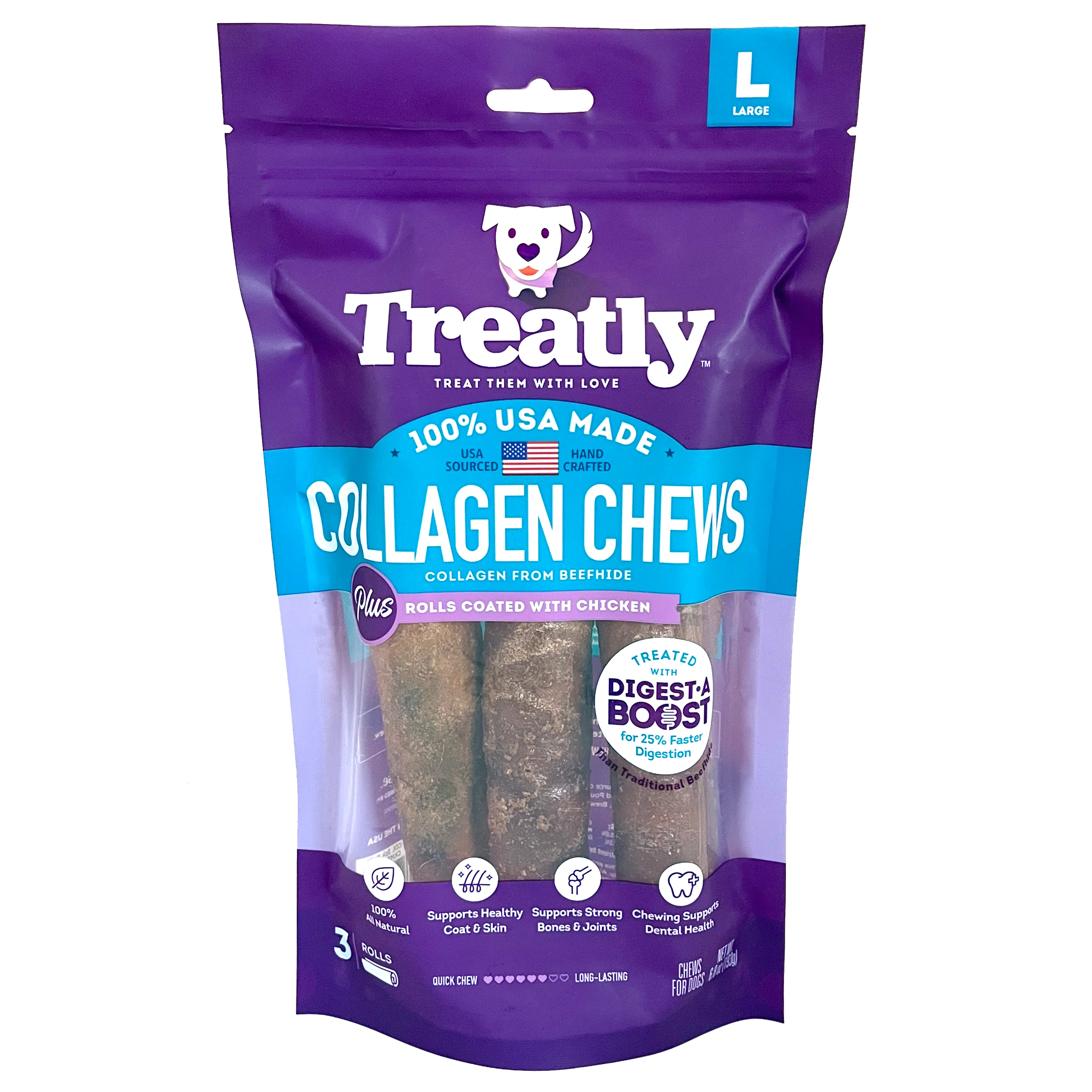 Treatly Collagen Chew Rolls Dog Treats Chicken Large, 3 pk