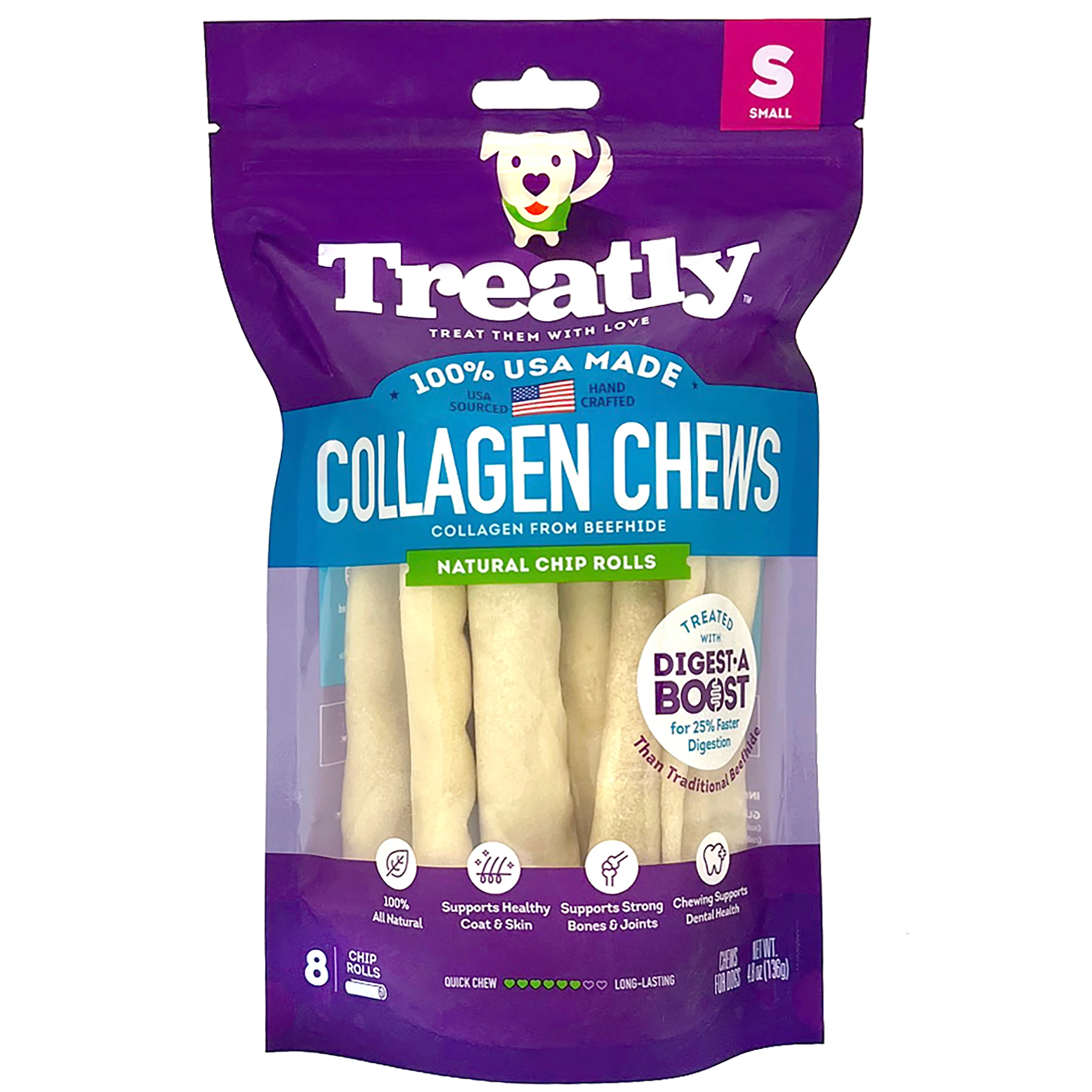 Treatly Collagen Chew Rolls Dog Treats Natural Small, 8 pk