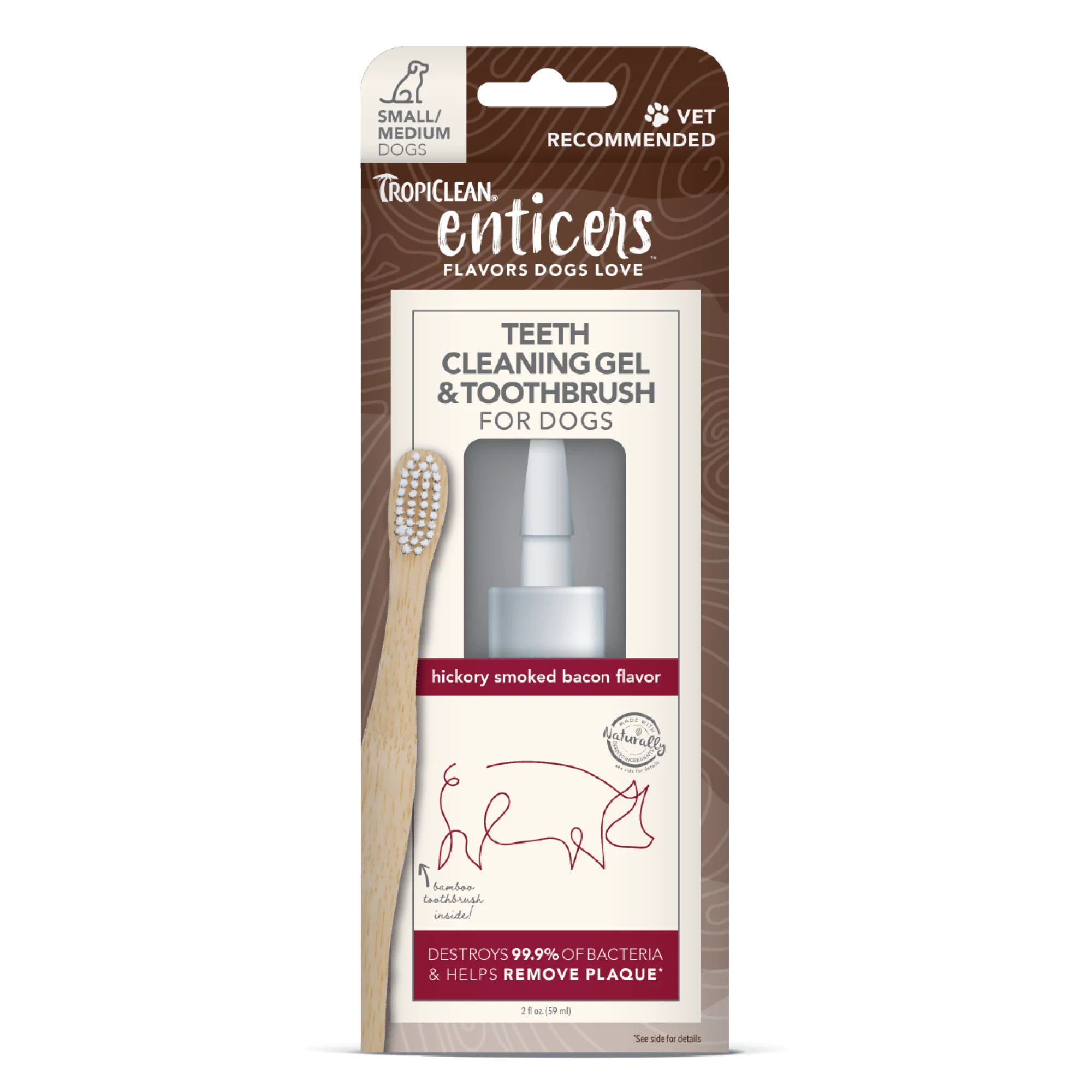 TropiClean Enticers Teeth Cleaning Gel & Toothbrush for Dogs Hickory Smoked Bacon 2 oz, Small/Medium