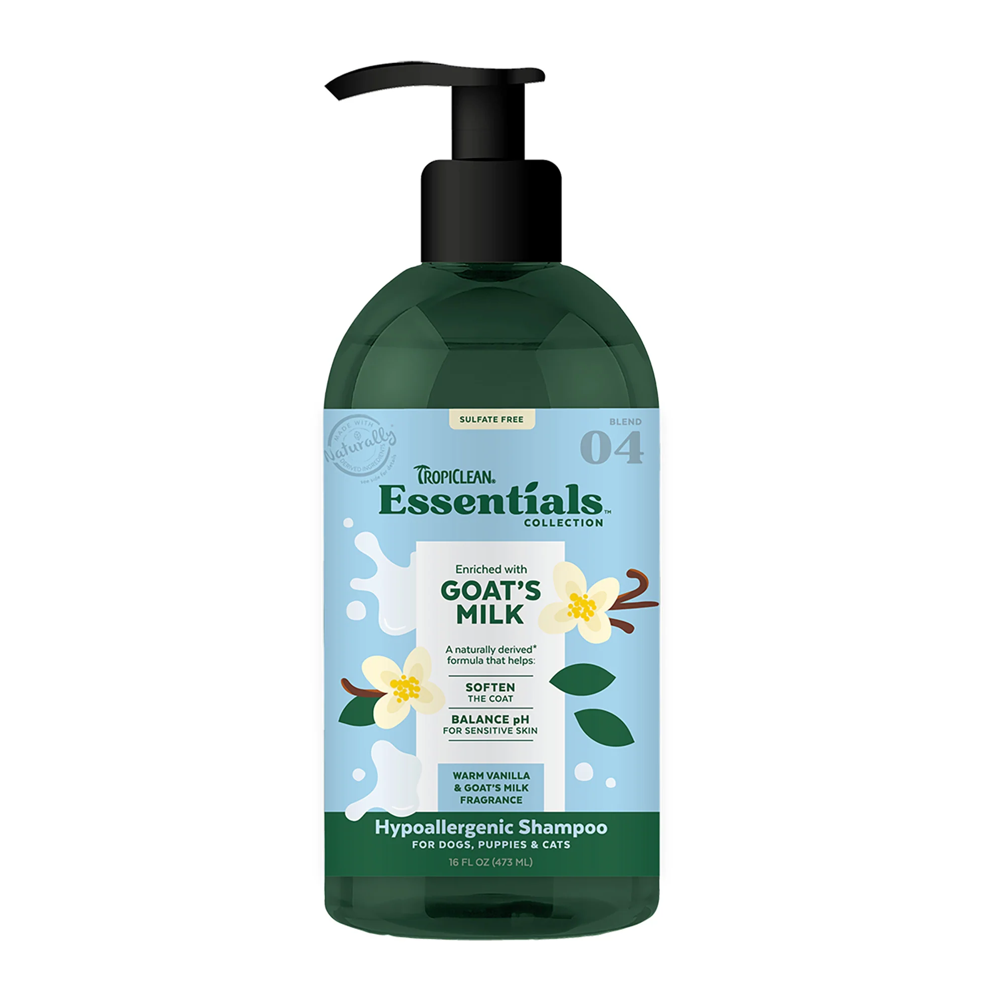 TropiClean Essentials Goat's Milk Shampoo for Dogs, Puppies & Cats 16 oz