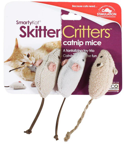 SmartyKat Skitter Critters Mice Catnip Toy Grey, Tan 3 Pack - Image 2